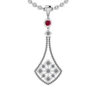 0.81 Ctw SI2/I1 Ruby And Diamond 14K White Gold Pendant: Center Stone Weight : 0.10 Ctw (Round Cut) Center Stone Color :-Ruby Center Stone Setting : Prong Side Stone Weight Of Ctw 0.71 Ctw Side Stone Color : G-H Stone Clarity :SI2/I1 Stone Setting : Prong