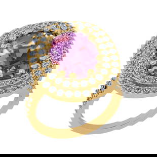 9.30 Ctw I2/I3 Kunzite And Diamond 14K Yellow Gold Cocktail Ring: Center Stone Weight : 8.10 Ctw (Cushion Cut ) Center Stone Color : Kunzite Stone Setting : Prong Side Stone Weight Of Ctw 1.20 Ctw Side Stone Color : J-K Stone Clarity : I2/I3 Stone Setting : Prong