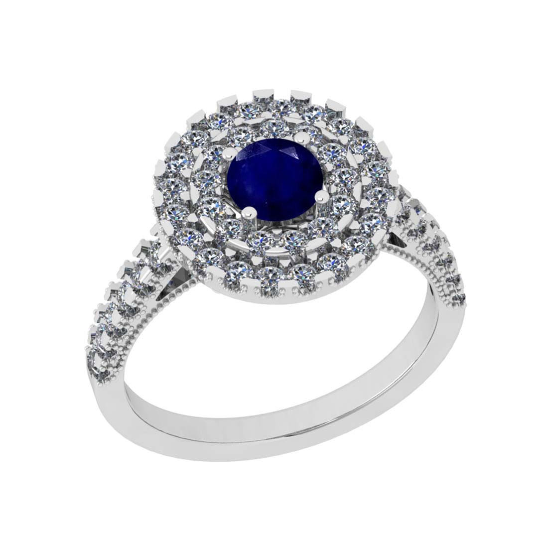 1.30 Ctw SI2/I1 Blue Sapphire And Diamond 14K White Gold two Row Engagement: Color Stone Weight : 0.50 Ctw (Round Cut ) Center Stone Color : Blue Sapphire Center Stone Setting : Prong Side Stone Weight Of Ctw 0.80 Ctw Side Stone Color : J-K Stone Clarity : SI2/I1 Stone Setting