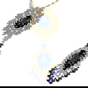 Certified 15.49 Ctw VS/SI1 Tanzanite,Blue Sapphire And Diamond 14K Yellow G: Center Stone Approx Weight: 10.57 Ctw (Pear& Round Cut ) Center Stone Color: Tanzanite Center Stone Setting: Prong Color Stone Weight: 2.00 ctw stone Color: Blue Sapphire Setting: Prong Side Stone