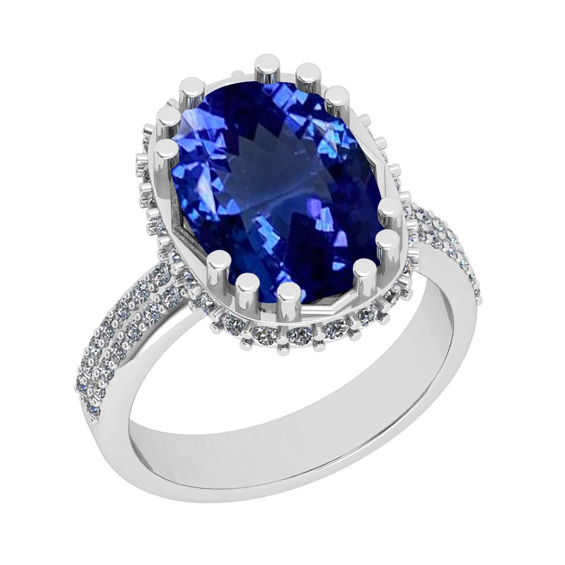 Certified 6.81 Ctw VS/SI1 Tanzanite And Diamond 14k White Gold Vintage Styl: Center Approx Weight: 6.23 Ctw (Cushion Cut) Center Color: Tanzanite Center Stone Setting: Prong Side Stone 0.58 Ctw Side Stone Color: J-K Stone Clarity: VS/SI1 Stone Setting: Prong Metal Approx Weigh