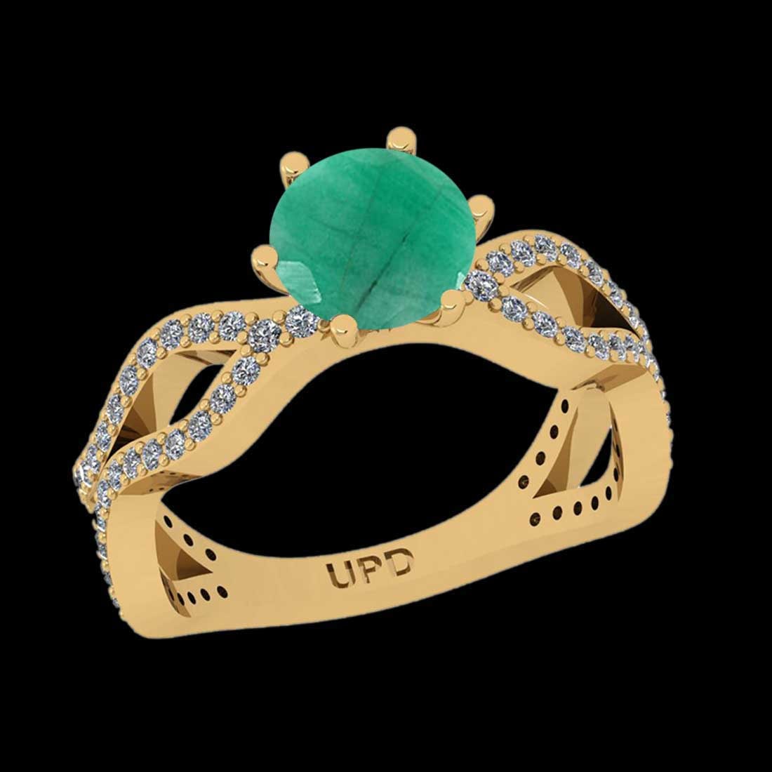 1.74 Ctw VS/SI1 Emerald And Diamond Prong Set 14K Yellow Gold Vintage Style: Center Stone Weight : 1.30 Ctw ( Round Cut) Center stone Color :- Emerald Center Stone Setting : Prong Side Stone Weight Of Ctw 0.44 Ctw Side Stone Color : J-K Stone Clarity :VS/SI1 Stone Setting :