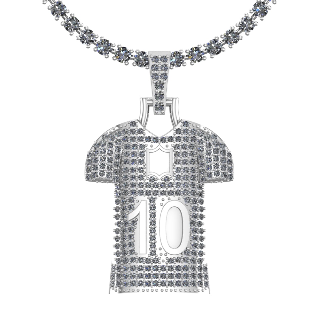 5.56 Ctw SI2/I1 Diamond 14K White Gold football theme Jersey pendant neckla: Total Diamond Weight : 5.56 Ctw (Round cut) Center Diamond Color :- J-K Center Clarity : SI2/I1 Stone Setting : Prong Metal Weight : Approx 32.50 Gram 14K White Gold football theme Jersey pendant