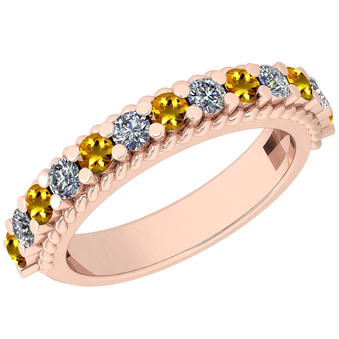 0.96 Ctw SI2/I1 Yellow Sapphire And Diamond 14K Rose Gold Filigree Band Rin: Center Weight : 0.51 Ctw ( Round Cut ) Center Color :- Yellow Sapphire Stone Setting : Prong Side Stone Weight Of Ctw 043 Ctw Side Stone Color : J-K Stone Clarity : SI2/I1 Stone Setting : Prong Metal