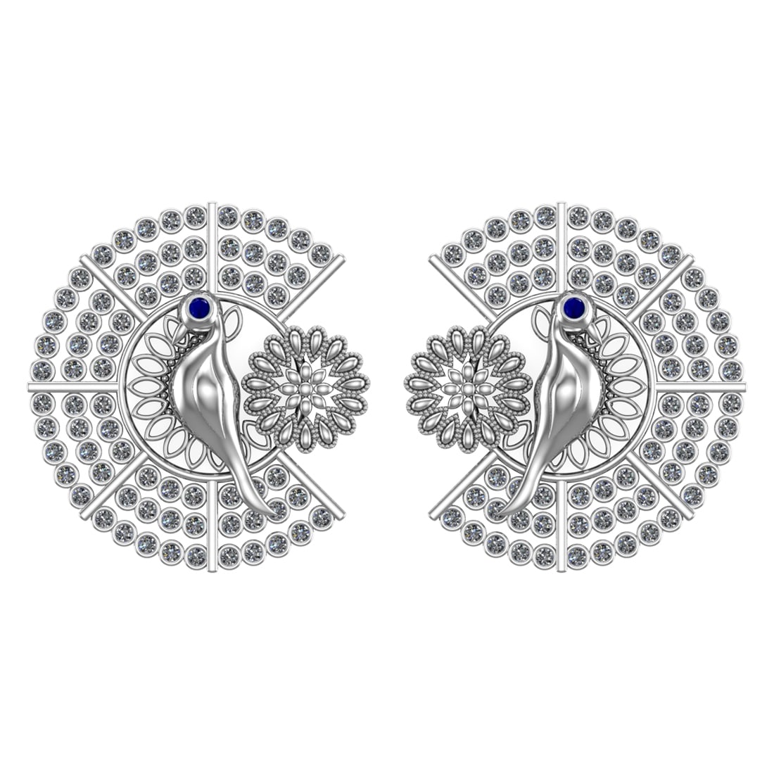 2.10 Ctw SI2/I1 Blue Sapphire and Diamond 14K White Gold Little Birds Stud: Eye Stone Weight :-0.02 ctw Eye stone Color :- Blue Sapphire Setting : Prong Side Weight Of Ctw 2.08 Ctw Color : J-K Clarity : SI2/I1 Stone Setting : Prong Metal Weight : Approx 17.50 gram 14K White