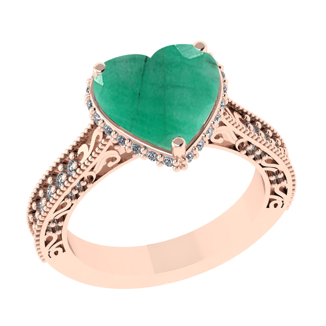 3.04 Ctw SI2/I1 Emerald and Diamond 14K Rose Gold Engagement Ring: Color Stone Weight : 2.50 Ctw ( Heart Cut) Stone Color :- Emerald Center Stone Setting : Prong Side Weight Of Ctw 0.54 Ctw Color : J-K Clarity : SI2/I1 Stone Setting : Prong Metal Weight : Approx 6.30