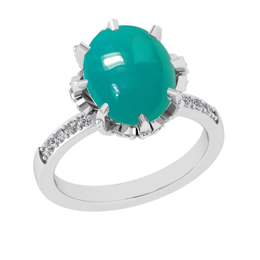 5.63 Ctw VS/SI1 Emerald and Diamond 14K White Gold Engagement Ring: Color Stone Weight : 5.38 Ctw (Round Cab) Stone Color :- Emerald Center Stone Setting : Prong Side Weight Of Ctw 0.25 Ctw Color : J-K Clarity : VS/SI1 Stone Setting : Prong Metal Weight : Approx 4.95