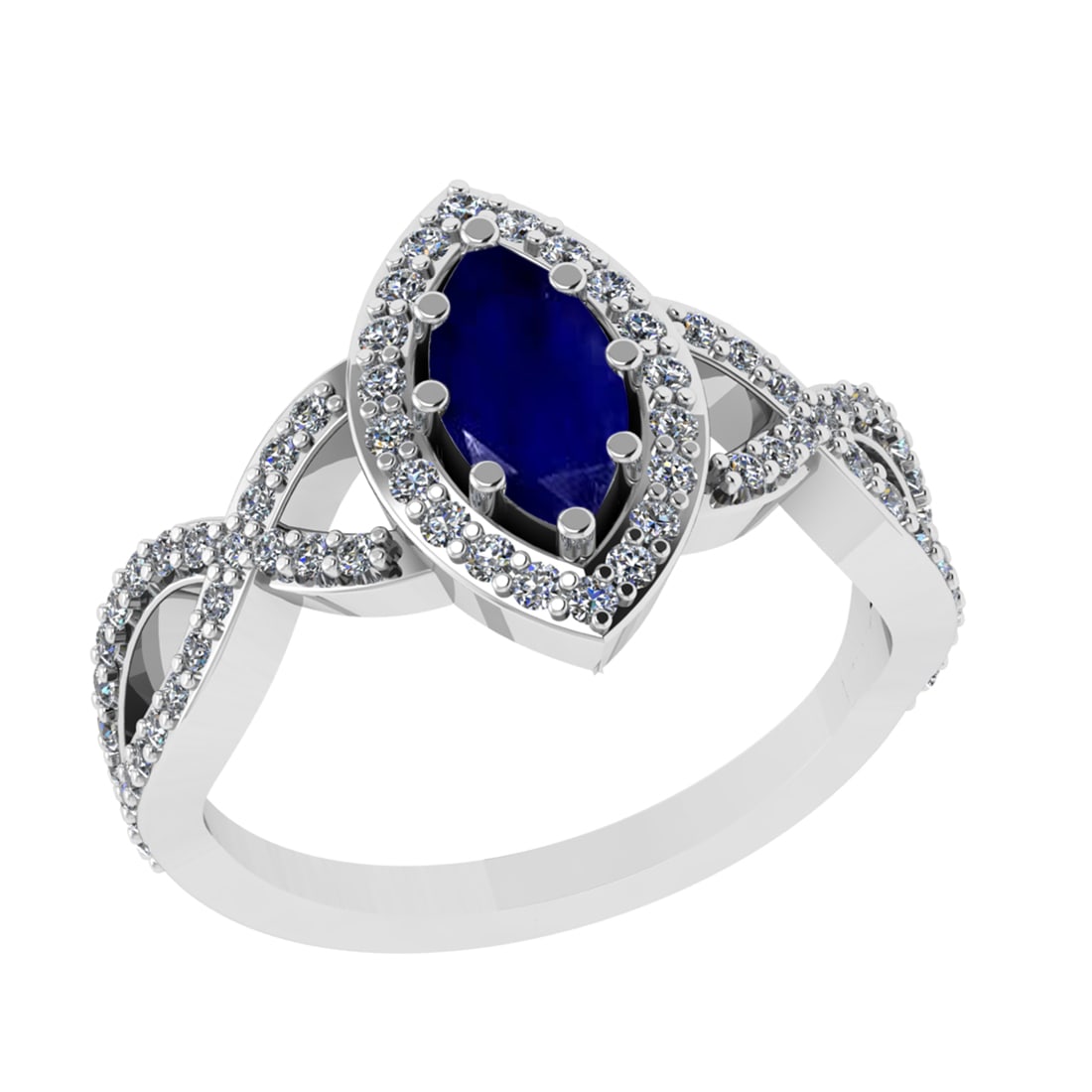 1.32 Ctw I2/I3 Blue Sapphire And Diamond 14K White Gold Engagement Ring: Center Stone Weight :0.75 Ctw ( marquise Cut ) Center Stone Color : Blue Sapphire Stone Setting : Prong Side Diamond Weight Of Ctw 0.57Ctw Side Stone Color : J-K Stone Clarity : SI2/I1 Stone Setting