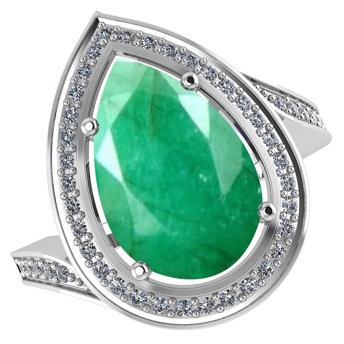 Certified 2.60 CTW Genuine Emerlad And Diamond 14K White Gold Ring: Center Stone 2.14 CTW Pear Center Stone Clarity:SI1-SI2 Center Stone Color: Genuine Emerlad Stone Setting ;Prong Side Stone Clarity;SI1-SI2 Side Stone Color ; White Diamond G-H Side Stone Setting ;