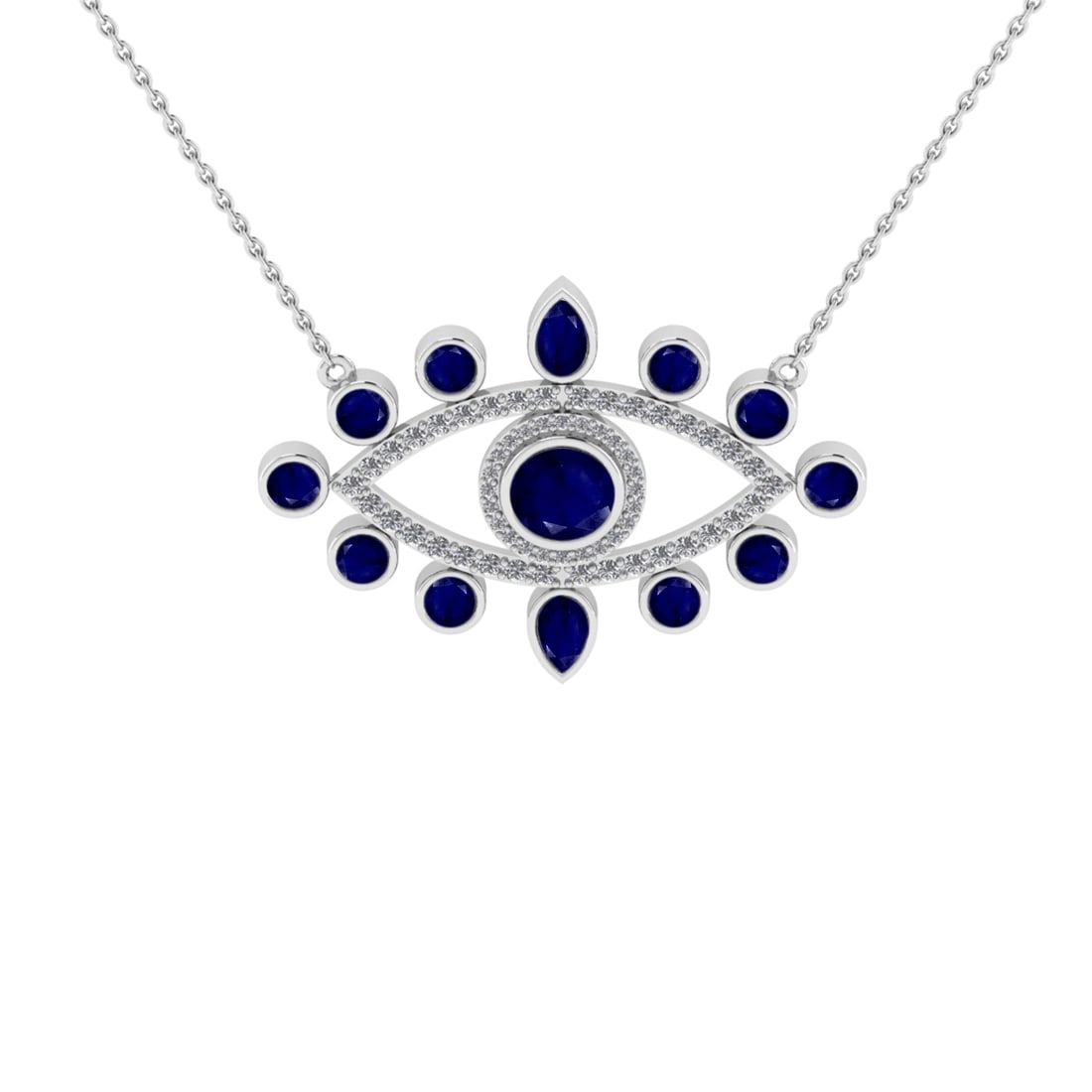 2.40 Ctw SI2/I1 Blue Sapphire and Diamond 14K White Gold Evil eye Pendant N: Center stone Weight :- 1.80 Ctw ( Round & Pear Cut) Color :- Blue Sapphire Center Stone Setting : Prong Side Diamond Weight Of Ctw 0.60 Ctw Color : J-K Clarity : SI2/I1 Stone Setting : Prong Metal Wei