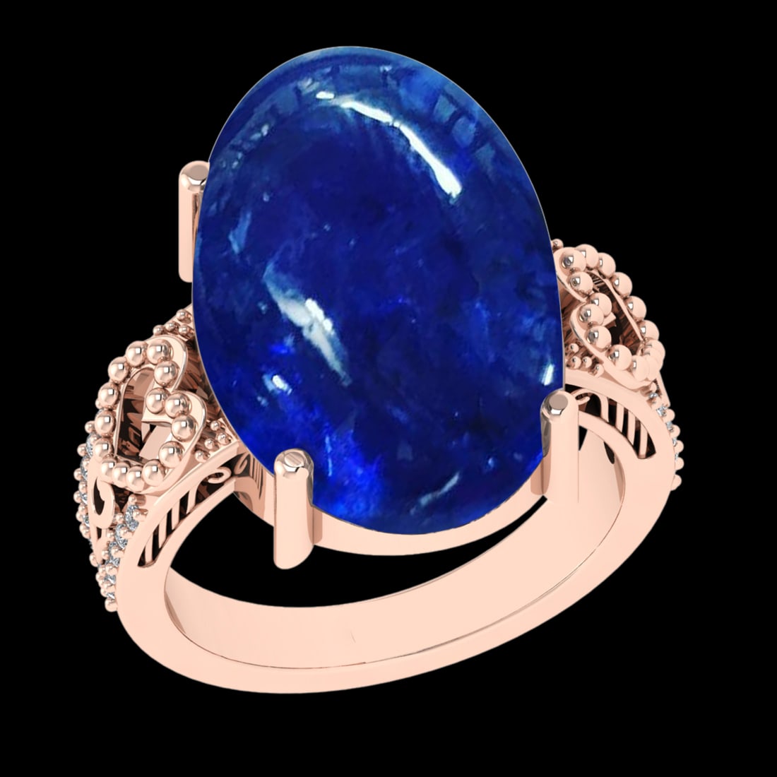 12.58 Ctw VS/SI1 Tanzanite and Diamond Prong Set 14K Rose Gold Engagment Ri: Center Stone Weight : 12.45 Ctw ( Round Cab) Center Stone Color :-Tanzanite Setting : Prong Side Weight Of Ctw 0.13 Ctw Color : J-K Clarity : VS/SI1 Stone Setting : Prong Metal Weight : Approx 4.70