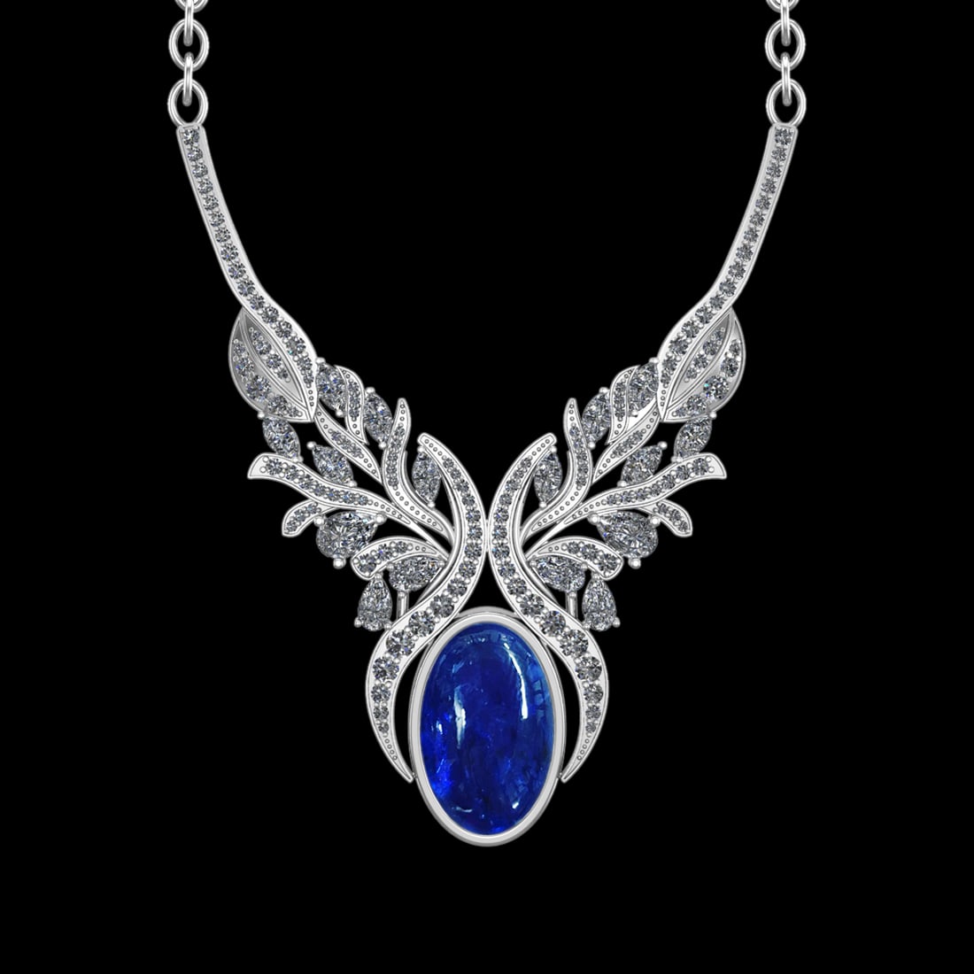 25.05 Ctw VS/SI1 Tanzanite and Diamond Prong Set 14K White Gold Pendant Nec: Center Stone Weight : 18.96 Ctw ( Oval Cab) Center Stone Color :-Tanzanite Setting : Prong Side Weight Of Ctw 6.09 Ctw Color : J-K Clarity : VS/SI1 Stone Setting : Prong Metal Weight : Approx 15.80 gr