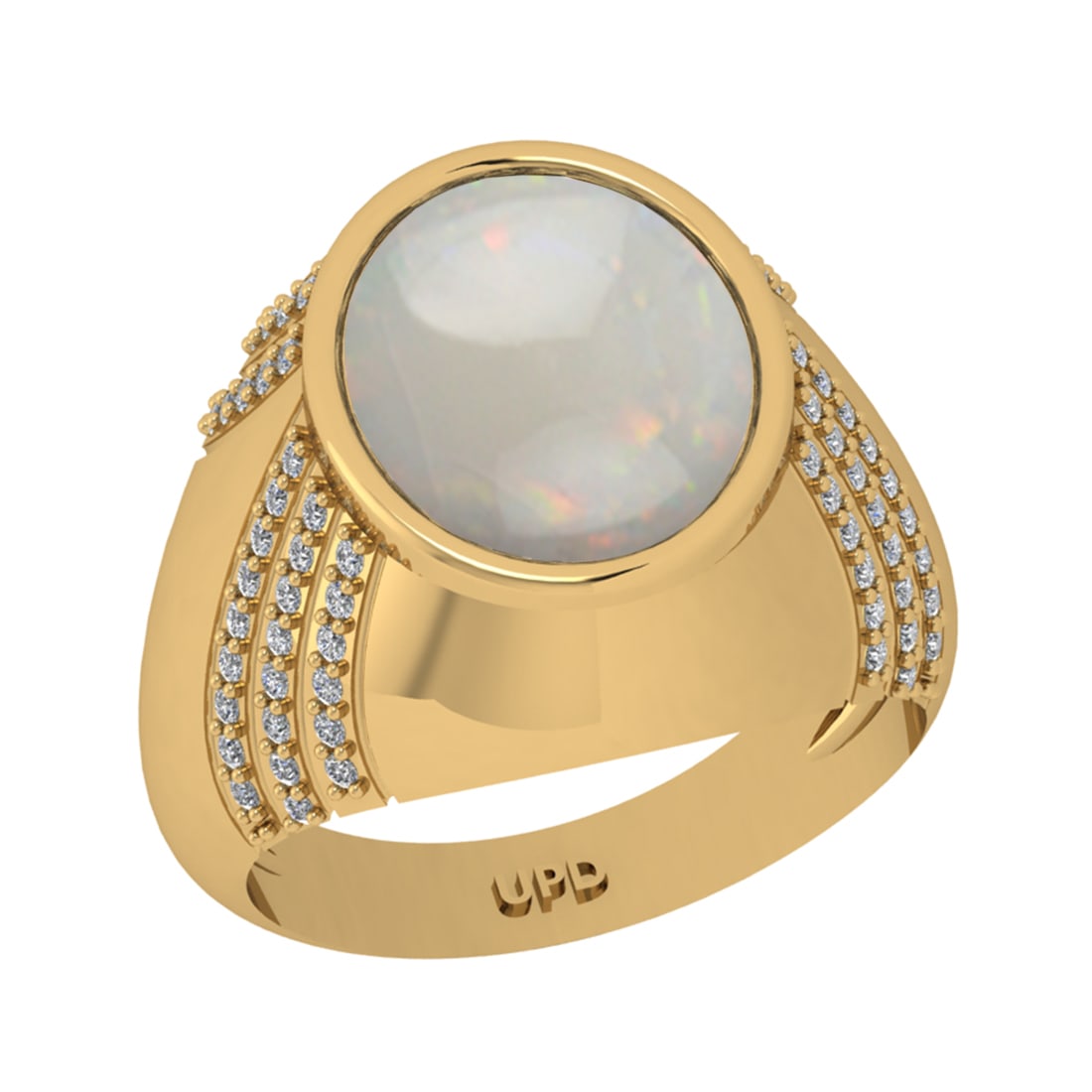 7.00 Ctw I2/I3 Opal And Diamond 14K Yellow Gold Engagement Ring: Center Stone Weight : 6.65 Ctw (Oval Cab ) Center Stone Color : Opal Stone Setting : Prong Side Diamond Weight Of Ctw 0.35 Ctw Side Stone Color : J-K Stone Clarity : I2/I3 Stone Setting : Prong Metal