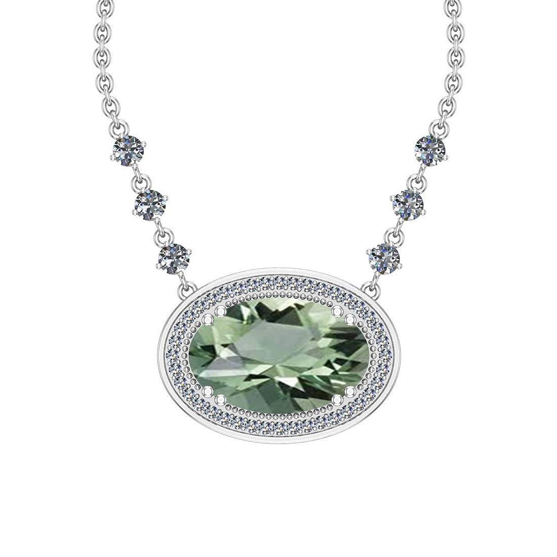 Certified 32.00 Ctw I2/I3 Green Amethyst And Diamond 14K White Gold Pendant: Color Stone Approx Weight: 30.80 Ctw (Oval Cut) Center Stone Color: Green Amethyst Center Stone Setting: Prong Side Stone 1.20 Ctw Side Stone Color: J-K Stone Clarity: I2/I3 Stone Setting: Prong