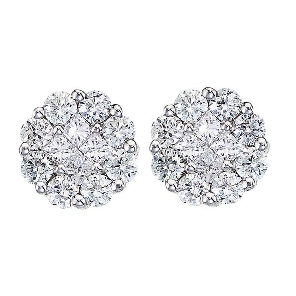 Diamond Clusters Flower Stud Earrings in 14k White Gold 1.00 ctw: CENTER STONE; Diamond CENTER STONE CLARITY; SI CENTER STONE COLOR; J-K CENTER STONE SETTING; Invisible SIDE STONE CLARITY; SI SIDE STONE COLOR; J-K SIDE STONE SETTING; Prong ctw OF SIDE STONE: 0.8 SID
