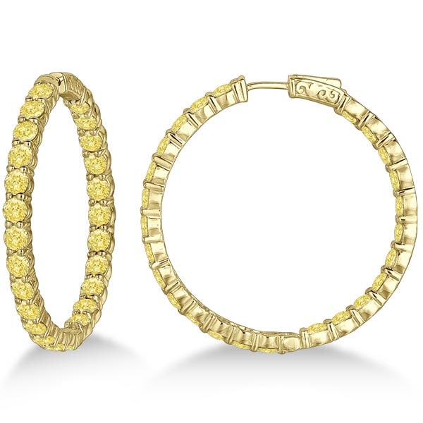 Fancy Yellow Canary Diamond Hoop Earrings 14k Yellow Gold 10.00ctw: CENTER STONE; Yellow Diamond CENTER STONE CLARITY; SI1-SI2 CENTER STONE COLOR; Yellow CENTER STONE SETTING; Prong SIDE STONE CLARITY; SIDE STONE COLOR; SIDE STONE SETTING; ctw OF SIDE STONE: SIDE STON