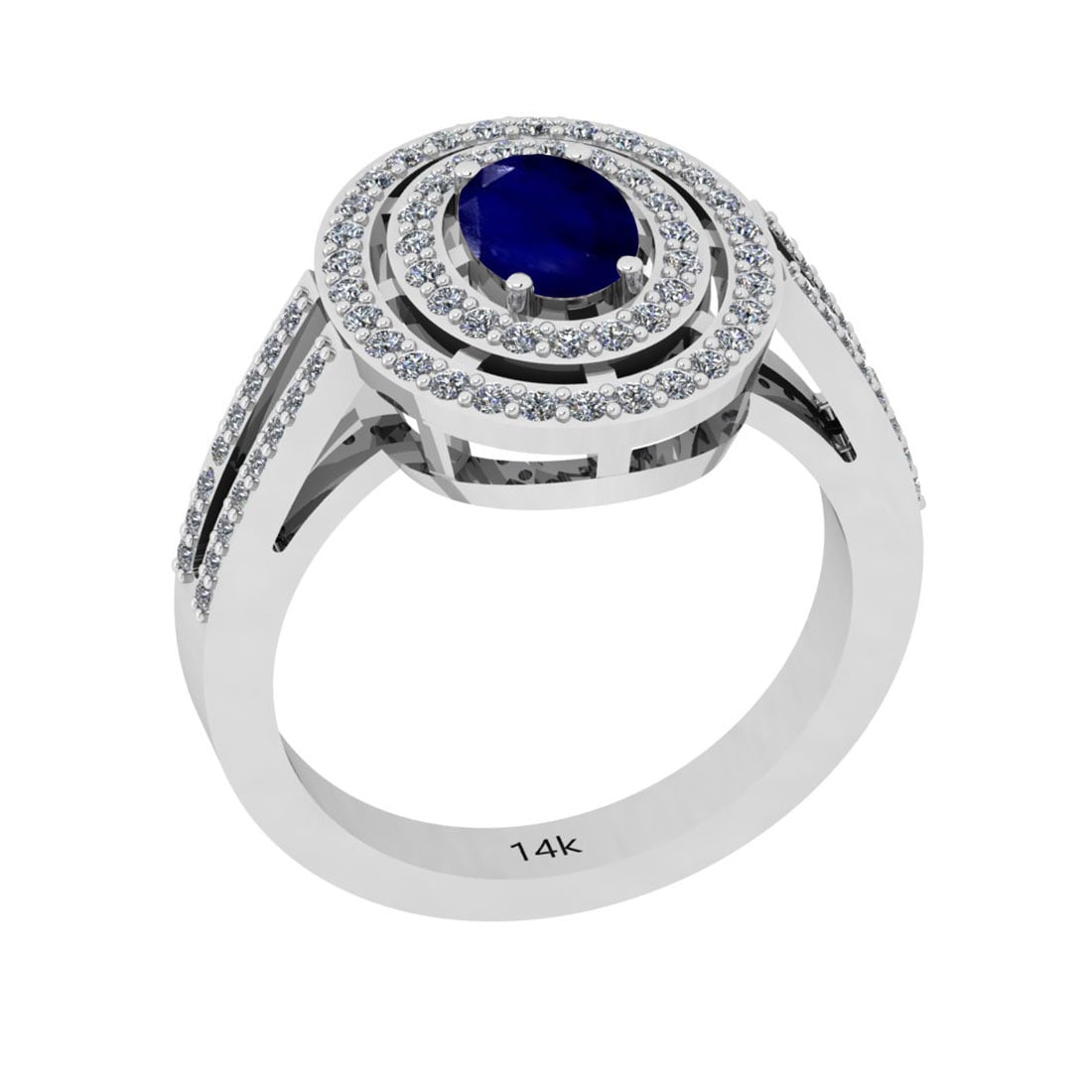 1.24 Ctw I2/I3 Blue Sapphire And Diamond 14k Rose Gold Ring: Center Stone Weight ; 0.70 Ctw ( 1 Pec Oval) Center Stone Color : Blue Sapphire Center Stone Setting ; Prong Side Diamond Weight of Ctw ; 0.54 ctw Side Diamond Color : J-K Side Stone Setting: Prong Si