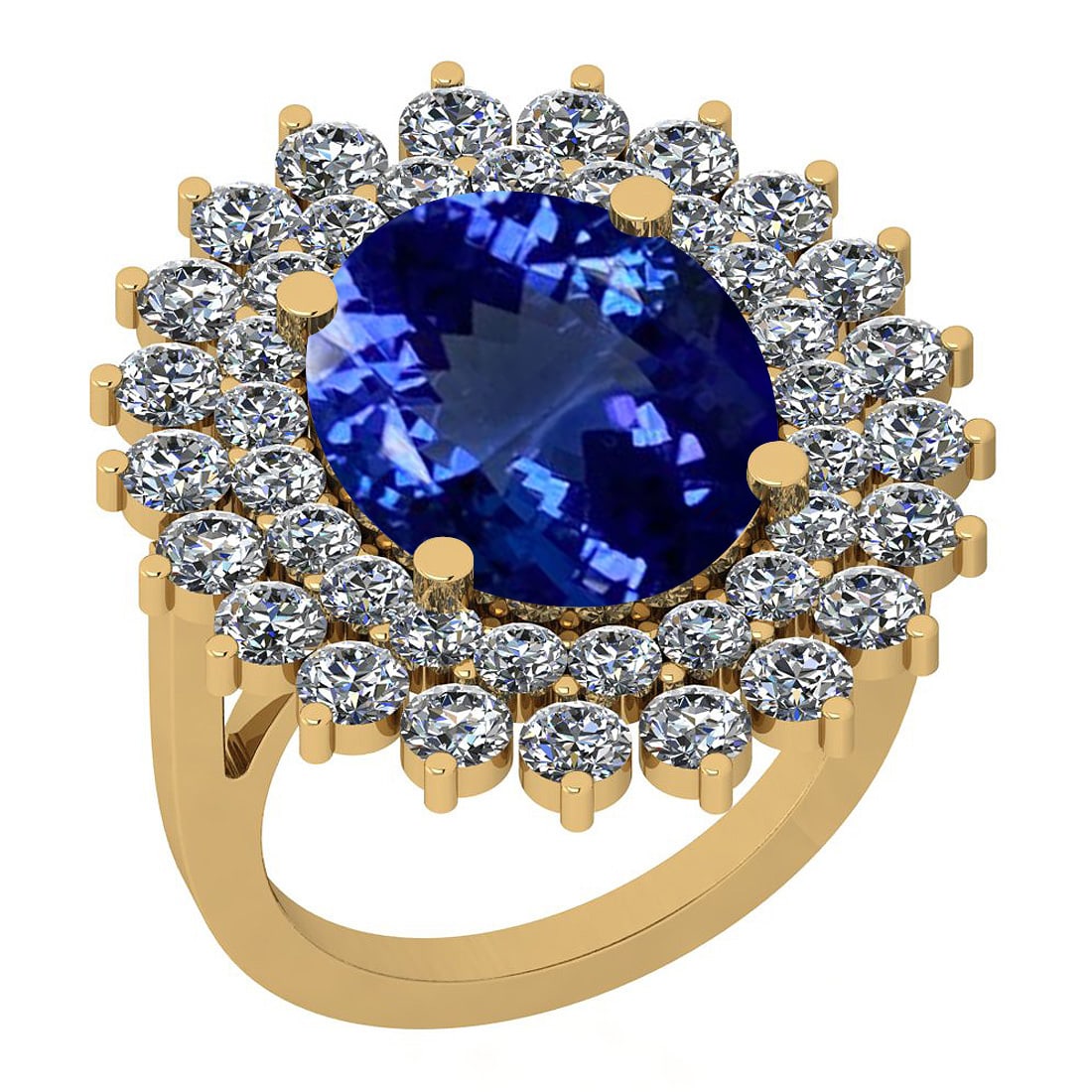 Certified 7.10 Ctw VS/SI1 Tanzanite And Diamond 14K Yellow Gold Vintage Sty: Center Stone Approx Weight: 5.30 Ctw (Oval Cut) Center Stone Color: Tanzanite Center Stone Setting: Prong Side Stone 1.80 Ctw Side Stone Color: G-H Stone Clarity: VS/SI1 Stone Setting: Prong Metal App
