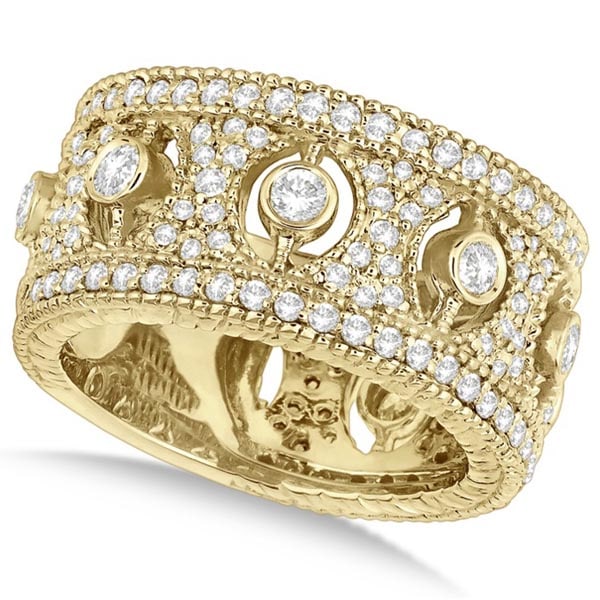 Vintage Style Bezel-Set Wide Band Diamond Ring 14k Yellow Gold 1.70ctw: CENTER STONE; Diamond CENTER STONE CLARITY; SI CENTER STONE COLOR; J-K CENTER STONE SETTING; Bezel SIDE STONE CLARITY; SI SIDE STONE COLOR; J-K SIDE STONE SETTING; Prong ctw OF SIDE STONE: 1.3 SIDE ST