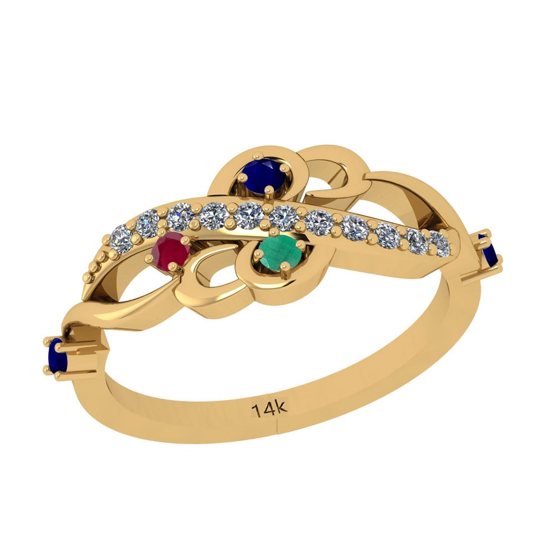 0.50 Ctw SI2/I1 Multi Stone And Diamond 14K Yellow Gold Ring: Multi Stone Weight : 0.35 Ctw ( Round Cut ) Multi Stone Color : Blue Sapphire,Emerald,Ruby Multi Stone Setting : Prong Side Stone Weight Of Ctw 0.15 Ctw Side Stone Color : White G-H Diamond Stone