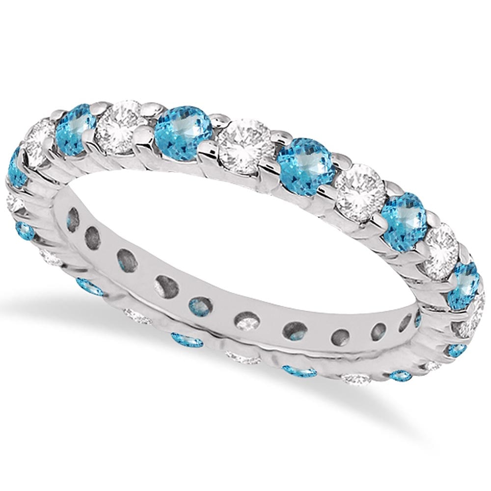 Eternity Diamond and Blue Topaz Ring Band 14k White Gold 2.40ctw: CENTER STONE; Topaz CENTER STONE CLARITY; CENTER STONE COLOR; Blue CENTER STONE SETTING; Prong SIDE STONE CLARITY; SI SIDE STONE COLOR; J-K SIDE STONE SETTING; Prong ctw OF SIDE STONE: 1 SIDE STONE