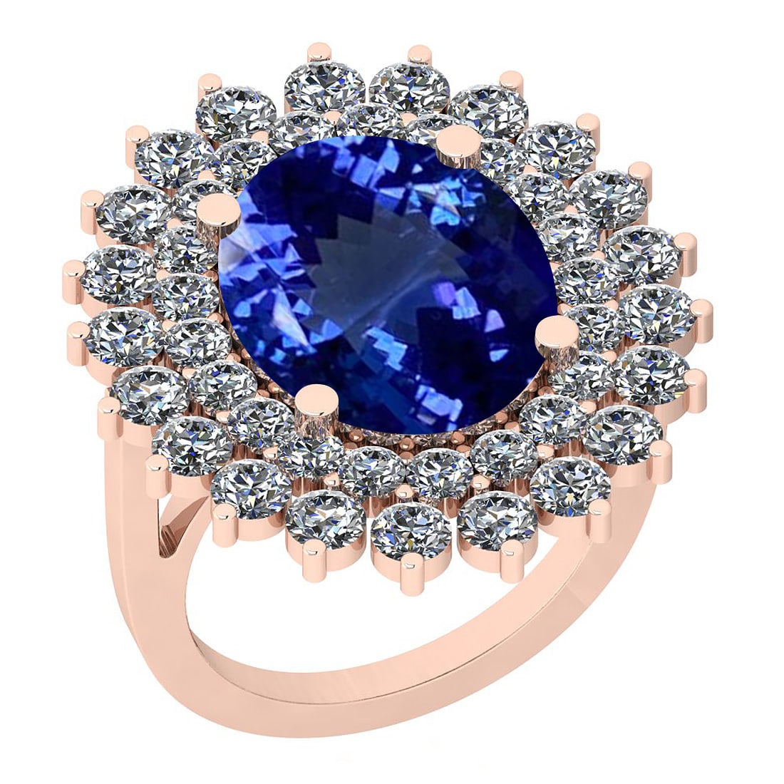 Certified 7.10 Ctw VS/SI1 Tanzanite And Diamond 14K Rose Gold Vintage Style: Center Stone Approx Weight: 5.30 Ctw (Oval Cut) Center Stone Color: Tanzanite Center Stone Setting: Prong Side Stone 1.80 Ctw Side Stone Color: G-H Stone Clarity: VS/SI1 Stone Setting: Prong Metal App