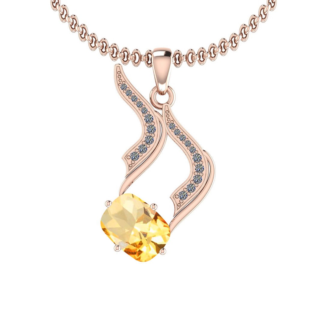Certified 1.89 Ctw Yellow Topaz And Diamond I2/I3 14K Rose Gold Pendant: Center Stone Approx Weight: 1.81 Ctw (Cushion Cut) Center Stone Color: Yellow Topaz Center Stone Setting: Prong Side Stone 0.08 Ctw Side Stone Color: J-K Stone Clarity: I2/I3 Stone Setting: Prong Meta