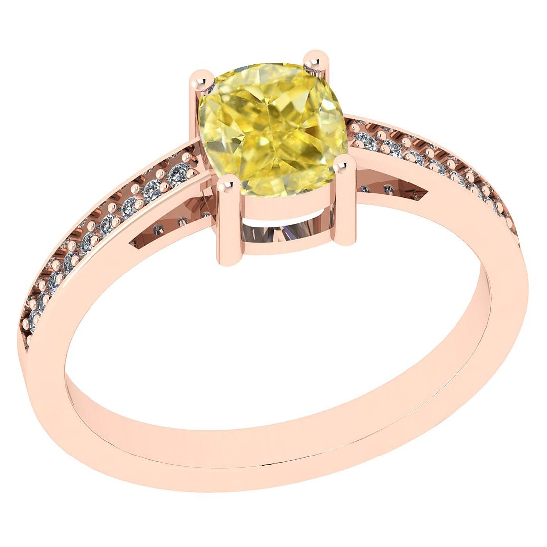 Certified 1.15 Ct GIA Certified Natural Fancy Yellow Diamond And White Diam: Center Stone Approx Weight: 1.05 Ctw (1psc Cushion Cut) GIA Certified Center Stone Color: Natural Fancy Yellow Diamond Center Stone Clarity: i3/i3 Stone Setting: Prong Side Stone Approx Weight: 0.10