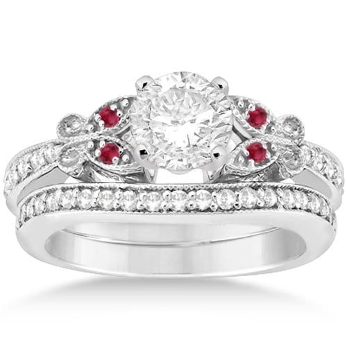 Butterfly Diamond and Ruby Bridal Set Platinum 1.42ctw: CENTER STONE; Ruby,Diamond (Diamond Center 1.00 cttw) CENTER STONE CLARITY; Eye Clean#SI1-SI2 CENTER STONE COLOR; Red,J-K CENTER STONE SETTING; Pave,Pave SIDE STONE CLARITY; SIDE STONE COLOR; SIDE STO