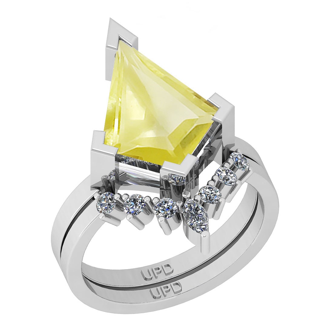 3.96 Ctw I2/I3 Lemon Topaz And Diamond 10K White Gold Ring: Color Stone Weight : 3.65 Ctw (kite Fancy Shape ) Center Stone Color : Lemon Topaz Center Stone Setting : Prong Side Stone Weight Of Ctw 0.31 Ctw Side Stone Color : G-H Stone Clarity : I2/I3 Stone