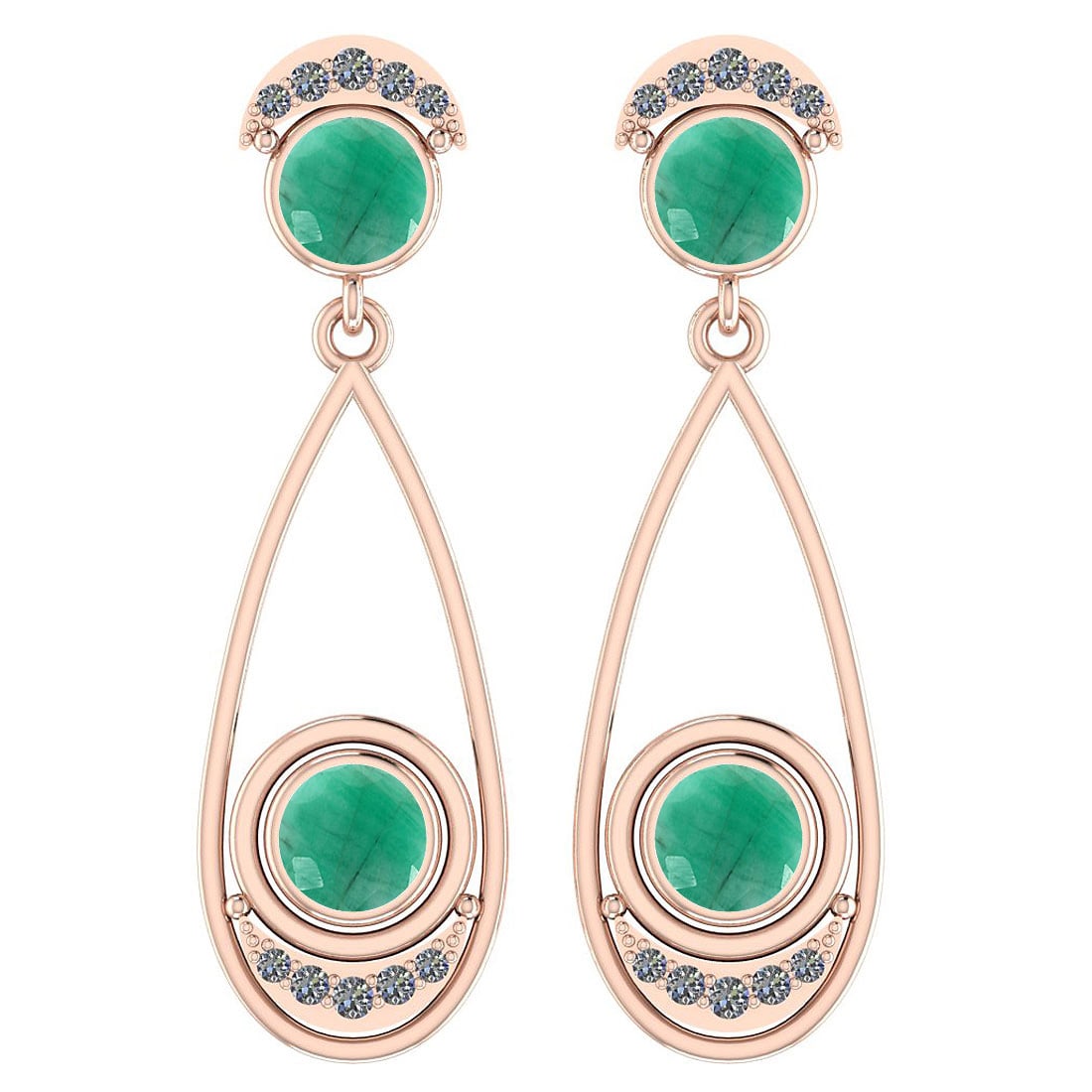 4.15 Ctw I2/I3 Emerald And Diamond 14K Rose Gold Earrings: Center Stone Weight ; 4.00 Ctw (4 Psc Round ) Stone Color :Emerald Color Stone Setting ; Bezel Side Stone Weight of Ctw ; 0.15 ctw Side Stone Color : J-K Side Stone Setting: Prong Side Stone Clarity :