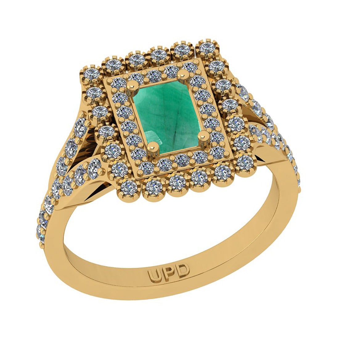 1.20 Ctw SI2/I1 Emerald And Diamond 14K Yellow Gold Engagement Ring: Center Stone Weight : 0.50 Ctw ( Emerald Cut) Center Stone Color :-Emerald Stone Setting : Prong Side Stone Weight Of Ctw 0.70 Ctw Side Stone Color : J-K Stone Clarity : SI2/I1 Stone Setting : Prong M