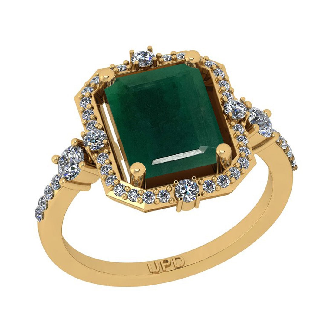5.86 Ctw SI2/I1 Emerald And Diamond 14K Yellow Gold Wedding Halo Ring: Center Stone Weight : 5.31 Ctw ( Emerald Cut) Center Stone Color :-Emerald Stone Setting : Prong Side Stone Weight Of Ctw 0.55 Ctw Side Stone Color : J-K Stone Clarity : SI2/I1 Stone Setting : Prong M