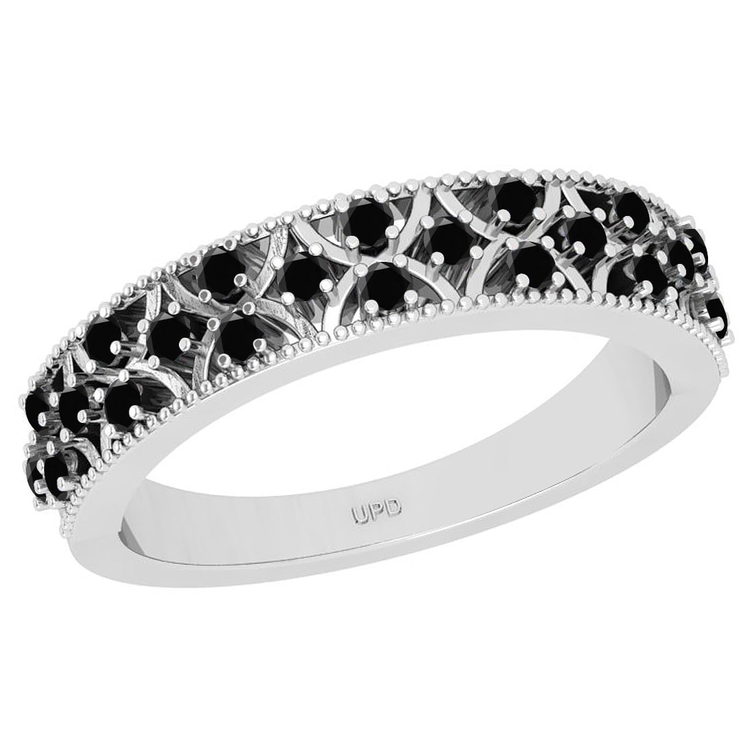 0.30 Ctw I2/I3 Treated Fancy Black Diamond 14K White Gold Half Eternity Ban: Diamond Weight : 0.30 Ctw (Round Cut) Diamond Color :- Treated Fancy Black Diamond Setting : Prong Center Clarity : I2/I3 Metal Weight : Approx 3.60 Gram 14K White Gold Eternity Band Ring Current Ring