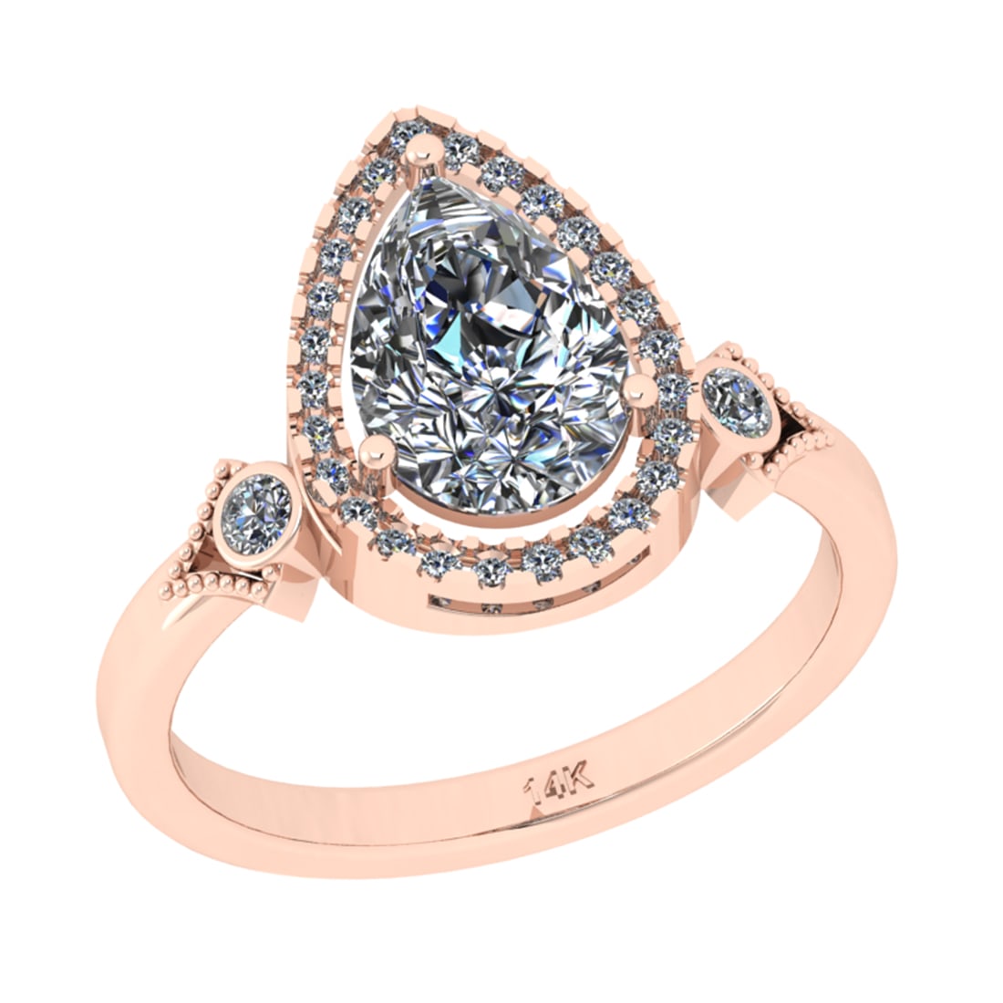 1.57 Ctw SI2/I1 Diamond 14K Rose Gold Engagement Halo Ring: Center Diamond Weight : 1.40 Ctw (Pear Cut) Center Diamond Color : J-K Center Stone Setting : Prong Center Stone Clarity : SI2/I1 Side Stone Weight Of Ctw 0.17 Ctw Side Stone Color : J-KStone Clarity