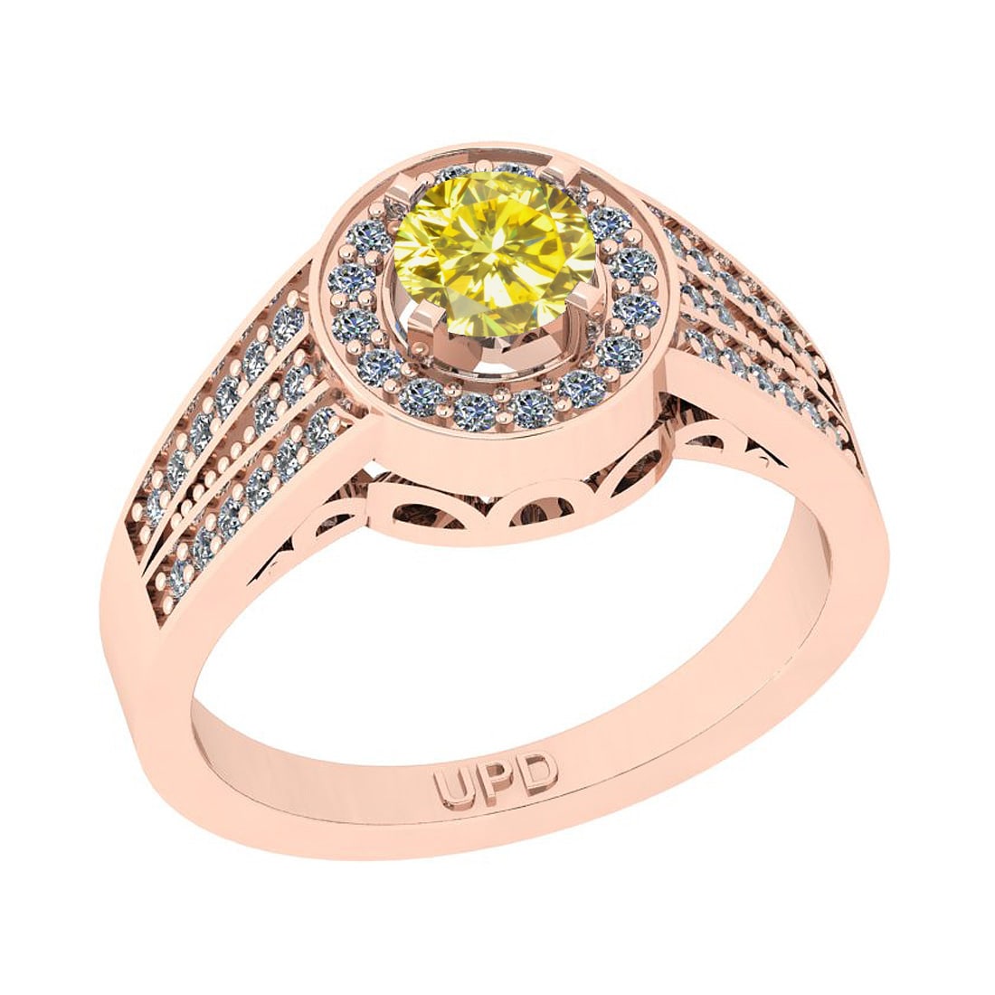 0.85 Ctw I2/I3 Treated Fancy Yellow And White Diamond 10K Rose Gold Engagem: Center Stone Weight : 0.50 Ctw (Round Cut ) Center Stone Color : Treated Fancy Yellow Diamond Center Stone Clarity : I2/I3 Center Stone Setting : Prong Side Stone Weight Of Ctw 0.35 Ctw Side Stone