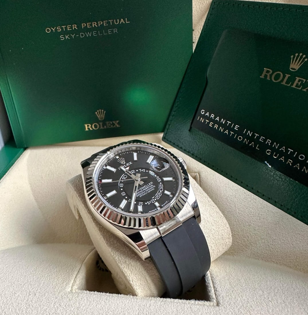 Brand New Rolex 18k White Gold Black Dial SkyDweller on Oysterflex Comes wi: Brand New Rolex 18k White Gold Black Dial SkyDweller on Oysterflex Comes with Box & Papers #PAPPS33083v8