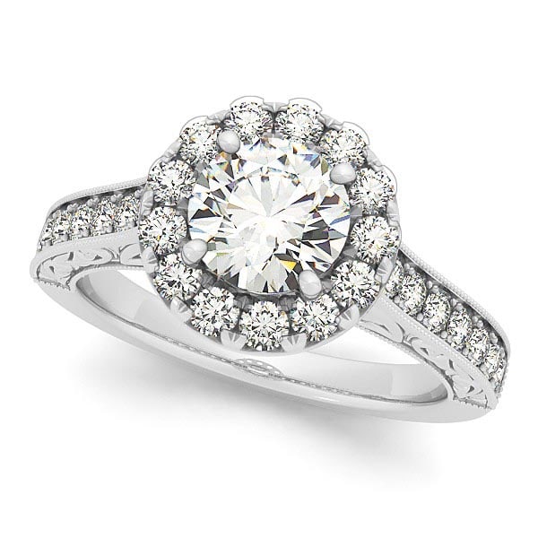 Diamond Halo Flower Engagement Ring in 14k White Gold 2.00ctw: CENTER STONE; Diamond (1.00 CTW) CENTER STONE CLARITY; SI1-SI2 CENTER STONE COLOR; J-K CENTER STONE SETTING; Prong SIDE STONE CLARITY; SI1-SI2 SIDE STONE COLOR; J-K SIDE STONE SETTING; Prong ctw OF