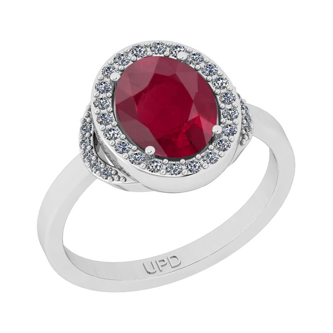 2.27 Ctw SI2/I1Ruby And Diamond 14K White Gold Engagement Halo Ring: Center Stone Weight : 2.00 Ctw ( Oval Cut) Center Stone Color :-Ruby Stone Setting : Prong Side Stone Weight Of Ctw 0.27 Ctw Side Stone Color : J-K Stone Clarity : SI2/I1 Stone Setting : Prong Metal