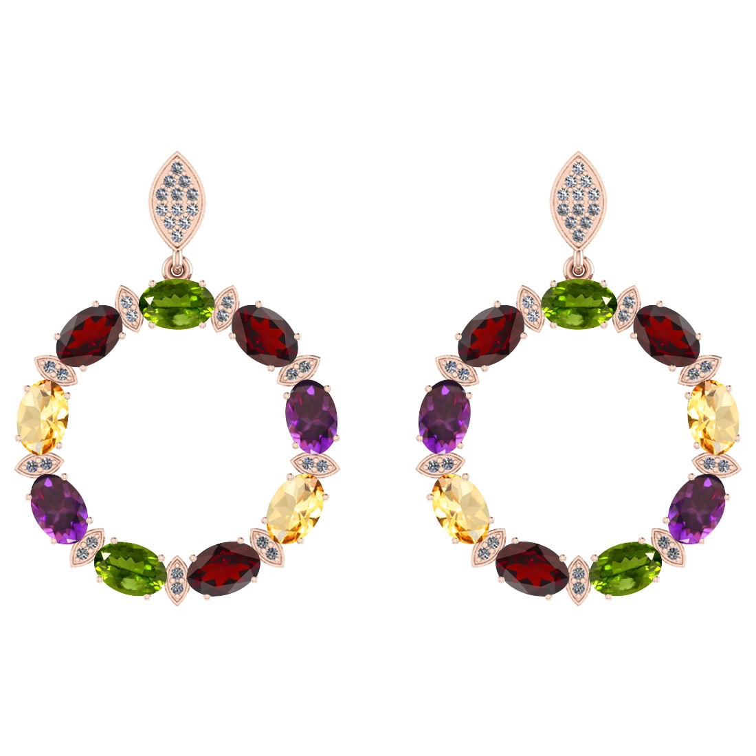 9.32 Ctw I2/I3 Multi Stone And Diamond 10K Rose Gold Earrings: Center Stone Weight : 9.00 Ctw ( Oval Cut) Center Stone Color :-Amethyst,Garnet,Peridot,Citrine Stone Setting : Prong Side Stone Weight Of Ctw 0.32 Ctw Side Stone Color : J-K Stone Clarity : I2/I3 Sto