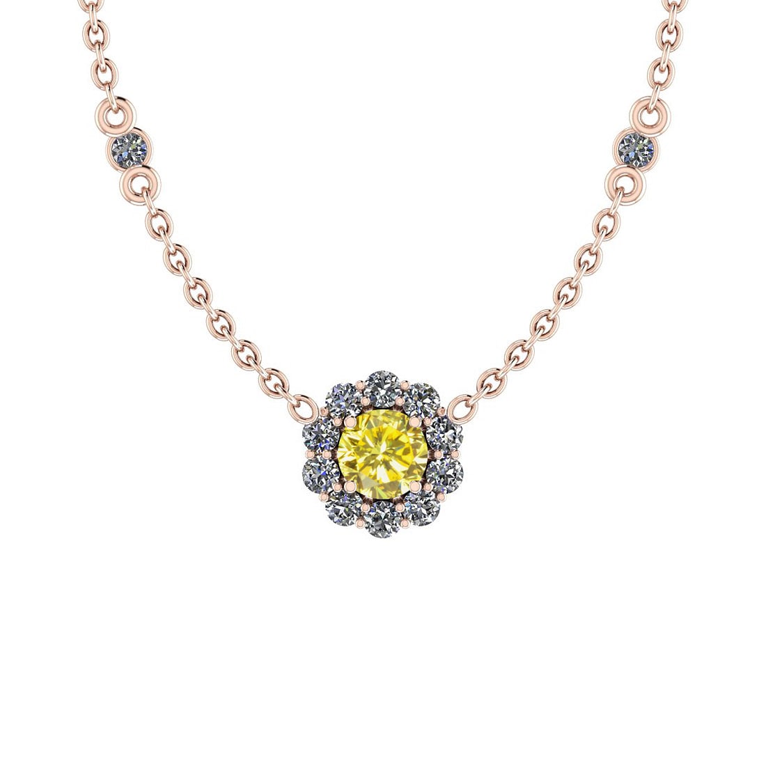 1.12 Ctw i2/i3 Treated Fancy Yellow and White Diamond 14K Rose Gold Necklac: Color Stone Weight : 0.55 Ctw ( Round cut) Center Stone Color : Treated Fancy Yellow Diamond Center Clarity : i2/i3 Center Stone Setting : Prong Side Stone Weight Of Ctw 0.57 Ctw Side Stone Color : J-