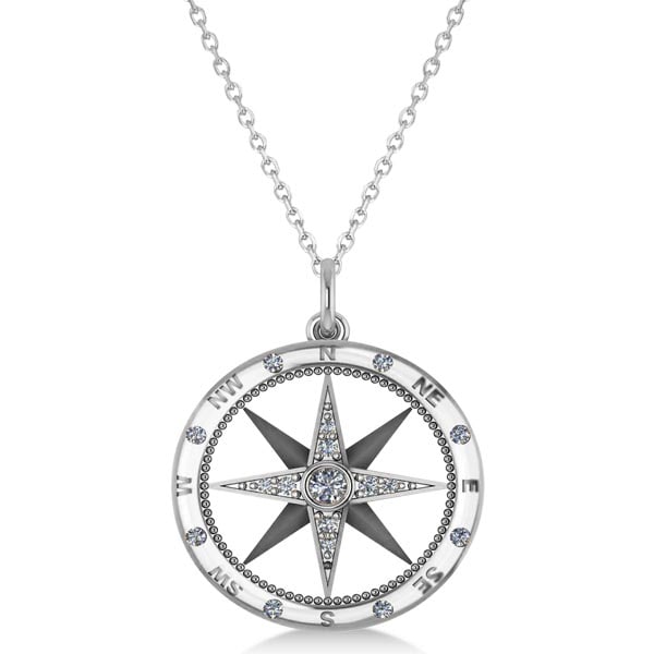 Compass Necklace Pendant Diamond Accented 14k White Gold 0.19ctw (1 of 1)