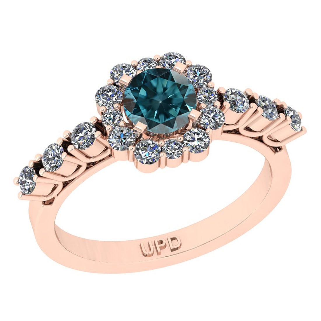 1.38 Ctw I2/I3 Treated Fancy Blue And White Diamond 10K Rose Gold Engagemen: Center Stone Weight : 0.80 Ctw (Round Cut ) Center Stone Color : Treated Fancy Blue Diamond Center Stone Clarity : I2/I3 Center Stone Setting : Prong Side Stone Weight Of Ctw 0.58 Ctw Side Stone Color
