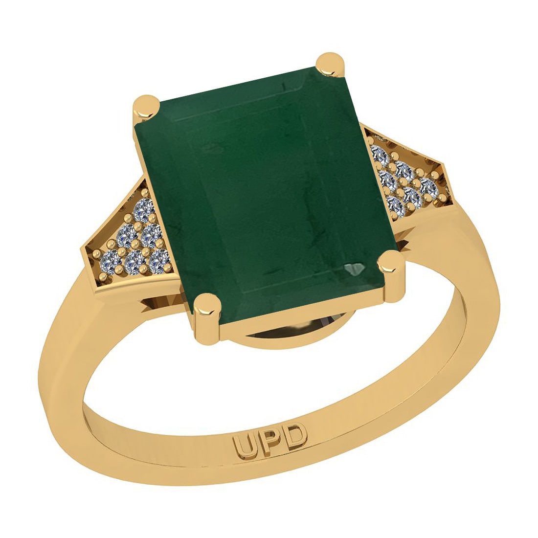 5.80 Ctw SI2/I1 Emerald And Diamond 14K Yellow Gold Cocktail Engagement Rin: Center Stone Weight : 5.73 Ctw ( Emerald Cut) Center Stone Color :-Emerald Stone Setting : Prong Side Stone Weight Of Ctw 0.07 Ctw Side Stone Color : J-K Stone Clarity : SI2/I1 Stone Setting : Prong M