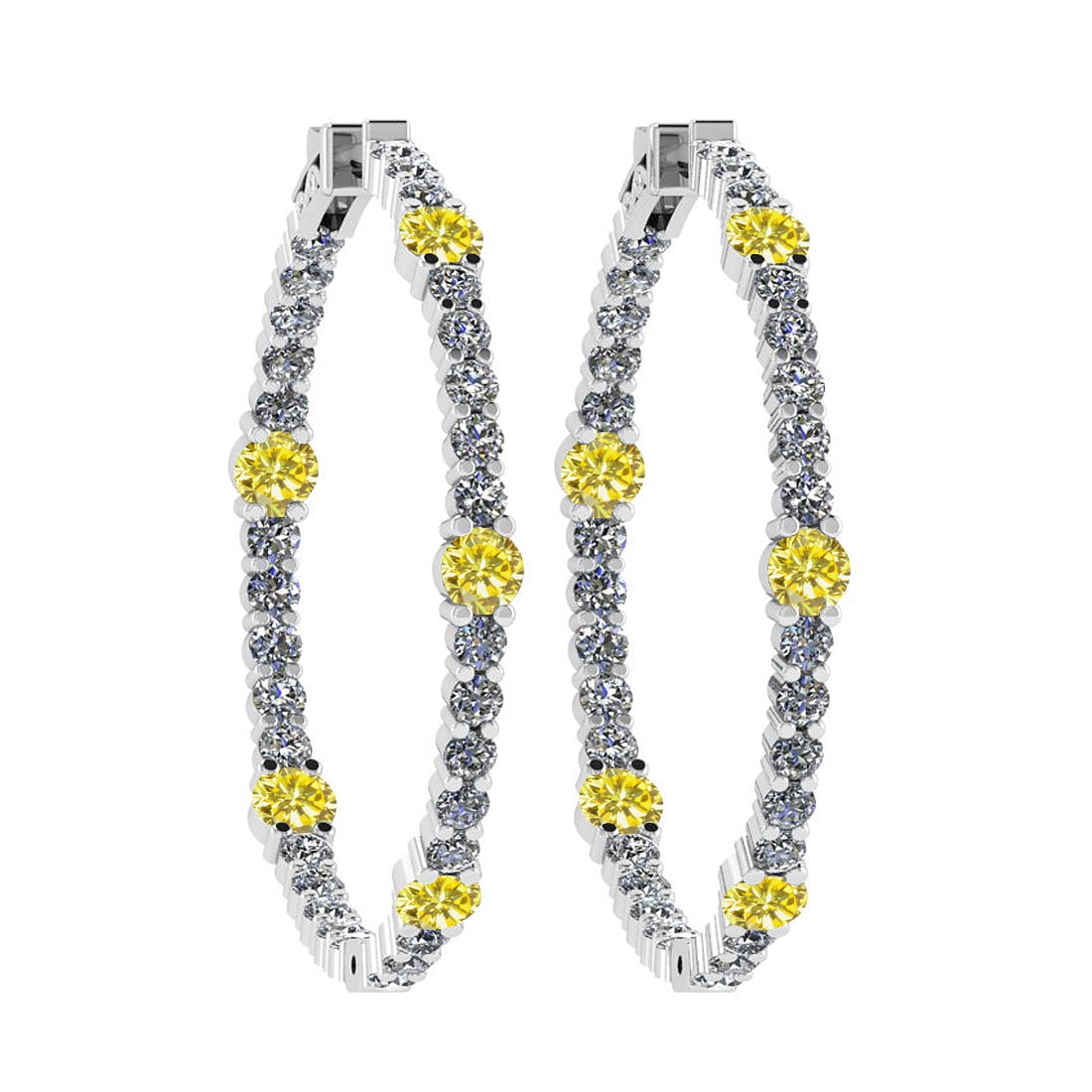 2.08 Ctw i2/i3 Treated Fancy Yellow and White Diamond 14K White Gold Hoop E: Color Stone Weight : 0.86 Ctw ( Round cut) Center Stone Color : Treated Fancy Yellow Diamond Center Clarity : i2/i3 Center Stone Setting : Prong Side Stone Weight Of Ctw 1.22 Ctw Side Stone Color : J-