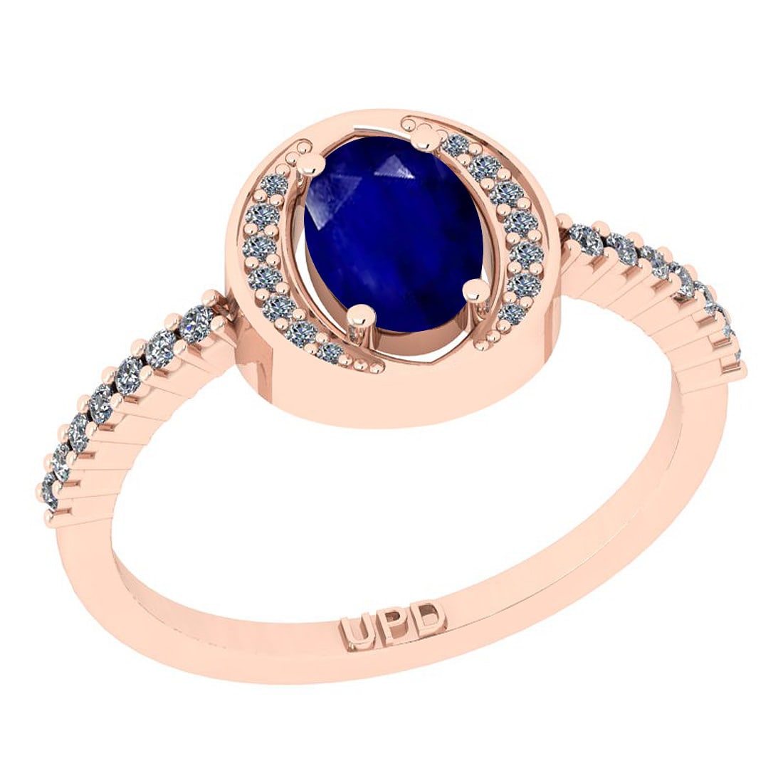 0.95 Ctw SI2/I1 Blue Sapphire And Diamond 14K Rose Gold Ring: Center Stone Weight : 0.75 Ctw (Oval Cut ) Center Stone Color : Blue Sapphire Center Stone Setting : Prong Side Stone Weight Of Ctw 0.20 Ctw Side Stone Color : G-H Stone Clarity : SI2/I1 Stone Setting