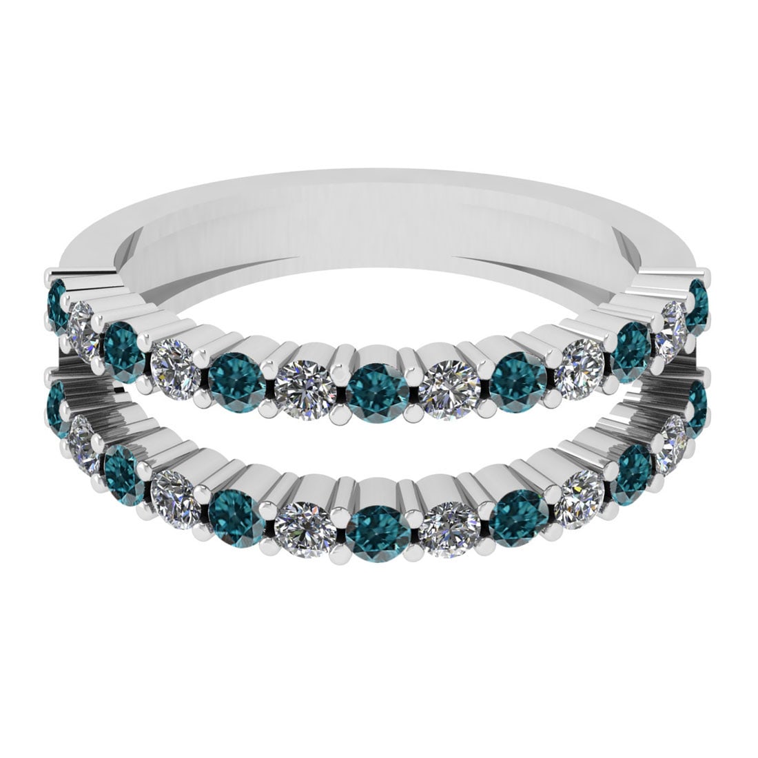 0.90 Ctw I2/I3 Treated Fancy Blue And White Diamond 14K White Gold Eternity: Center Stone Weight : 0.50 Ctw (Round Cut ) Center Stone Color : Treated Fancy Blue Diamond Center Stone Clarity : I2/I3 Center Stone Setting : Prong Side Stone Weight Of Ctw 0.40 Ctw Side Stone Color