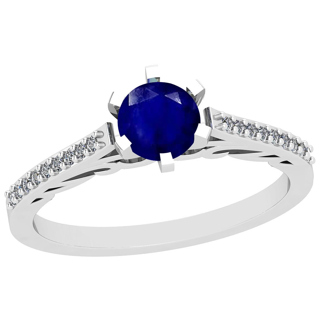 0.66 Ctw I2/I3 Blue Sapphire And Diamond 14K White Gold Ring: Color Stone Weight : 0.50 Ctw (1 Psc Round ) Center Stone Color : Blue Sapphire Center Stone Setting : Prong Side Stone Weight Of Ctw 0.16 Ctw Side Stone Color : J-K Stone Clarity : I2/I3 Stone Settin