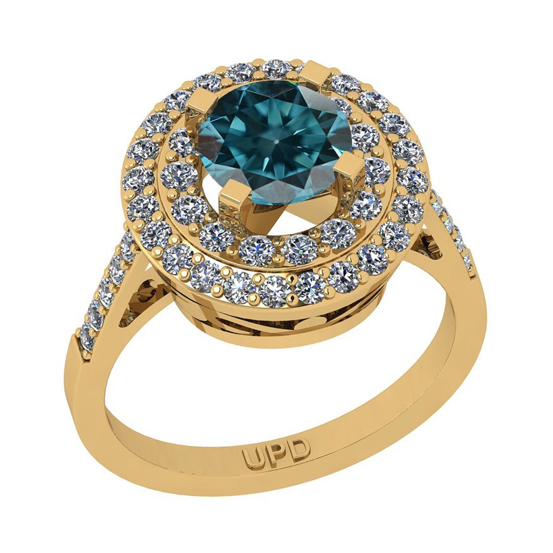 2.39 Ctw I2/I3 Treated Fancy Blue And White Diamond 10K Yellow Gold Engagem: Center Stone Weight : 1.25 Ctw (Round Cut ) Center Stone Color : Treated Fancy Blue Diamond Center Stone Clarity : I2/I3 Center Stone Setting : Prong Side Stone Weight Of Ctw 1.14 Ctw Side Stone Color