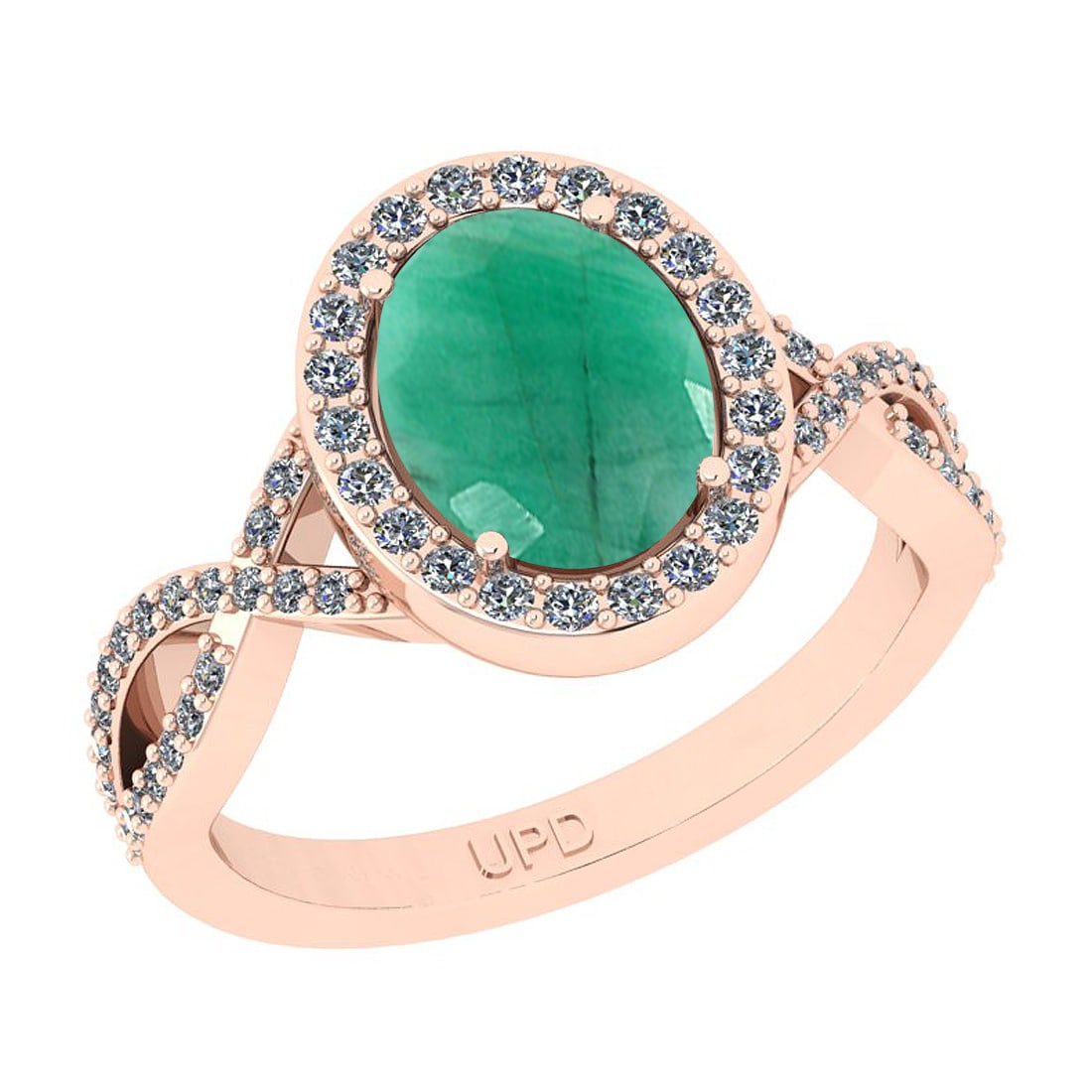 2.91 Ctw SI2/I1 Emerald And Diamond 14K Rose Gold Engagement Ring: Center Stone Weight : 2.50 Ctw ( Oval Cut) Center Stone Color :-Emerald Stone Setting : Prong Side Stone Weight Of Ctw 0.41 Ctw Side Stone Color : J-K Stone Clarity : SI2/I1 Stone Setting : Prong Meta